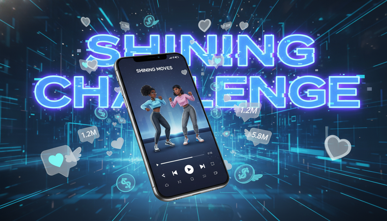 박진영과 김민주의 샤이닝 챌린지 바이럴 현상과 숏폼 알고리즘 수익화를 나타내는 일러스트