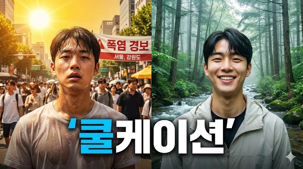 찌는 듯한 도시의 폭염과 시원한 자연 속 휴가를 대비시킨 쿨케이션 여행 콘셉트 이미지