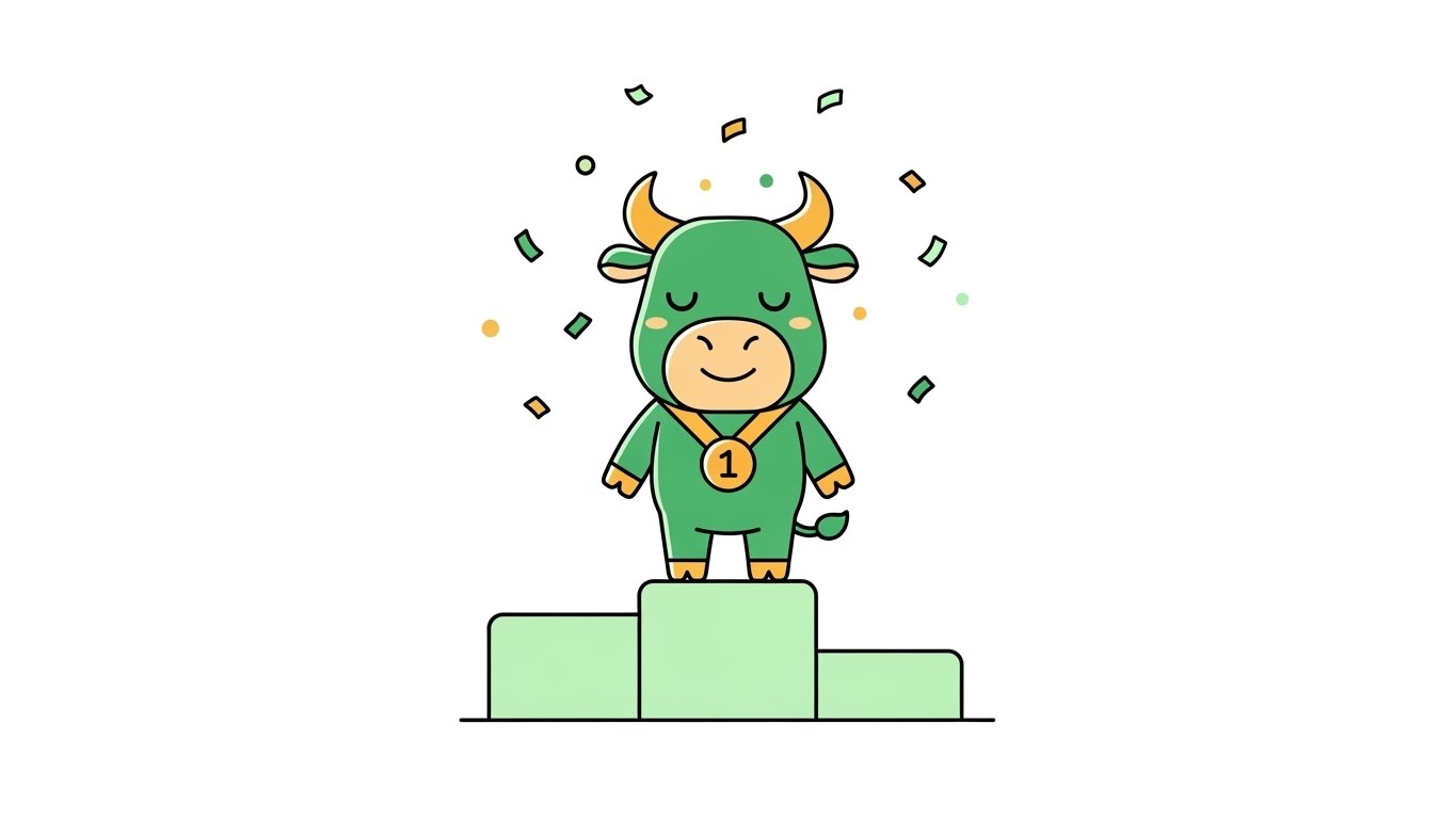 시상대 위에서 메달을 받으며 그동안의 노력을 인정받아 미소 짓는 소 캐릭터 일러스트