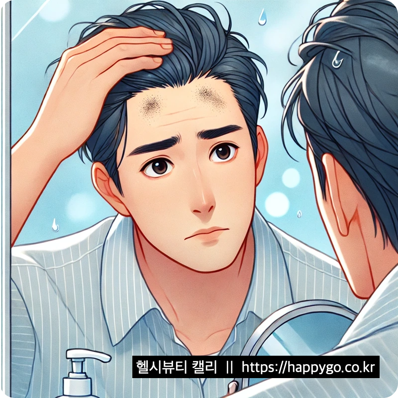 거울을 보며 두피와 머리라인을 걱정스럽게 살펴보는 30대 한국 남성