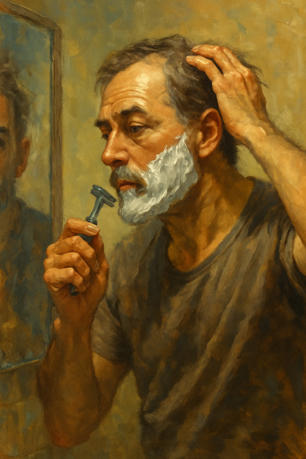 거울 앞에서 수염을 깎으며 두피를 만져보는 중년 남성의 모습