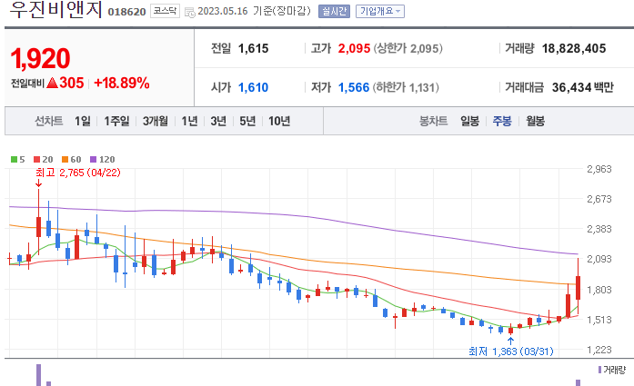 우진비앤지 주봉