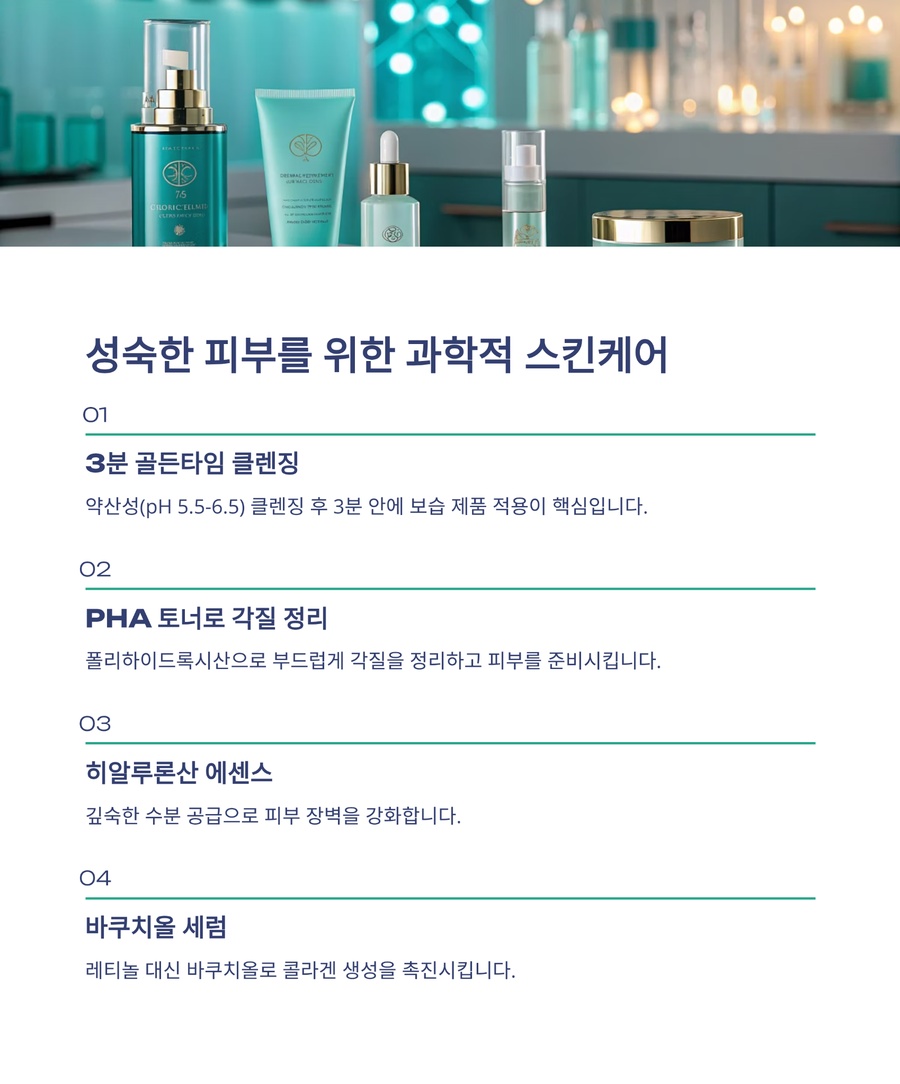 성숙한 피부를 위한 과학적 단계별 스킨케어 제품