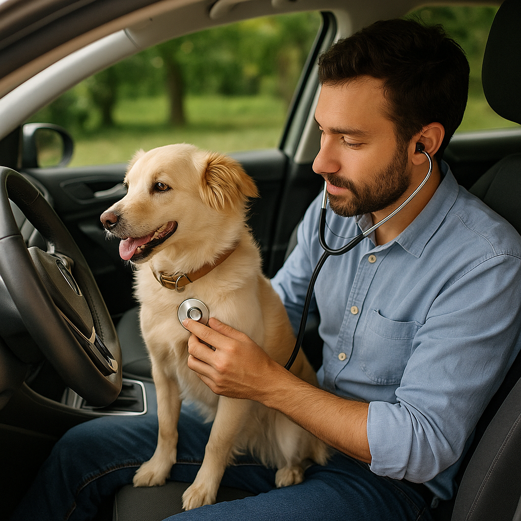 자동차 조수석에 앉은 크림색 반려견을 청색 셔츠를 입은 남성이 청진기로 건강 상태를 체크하는 모습