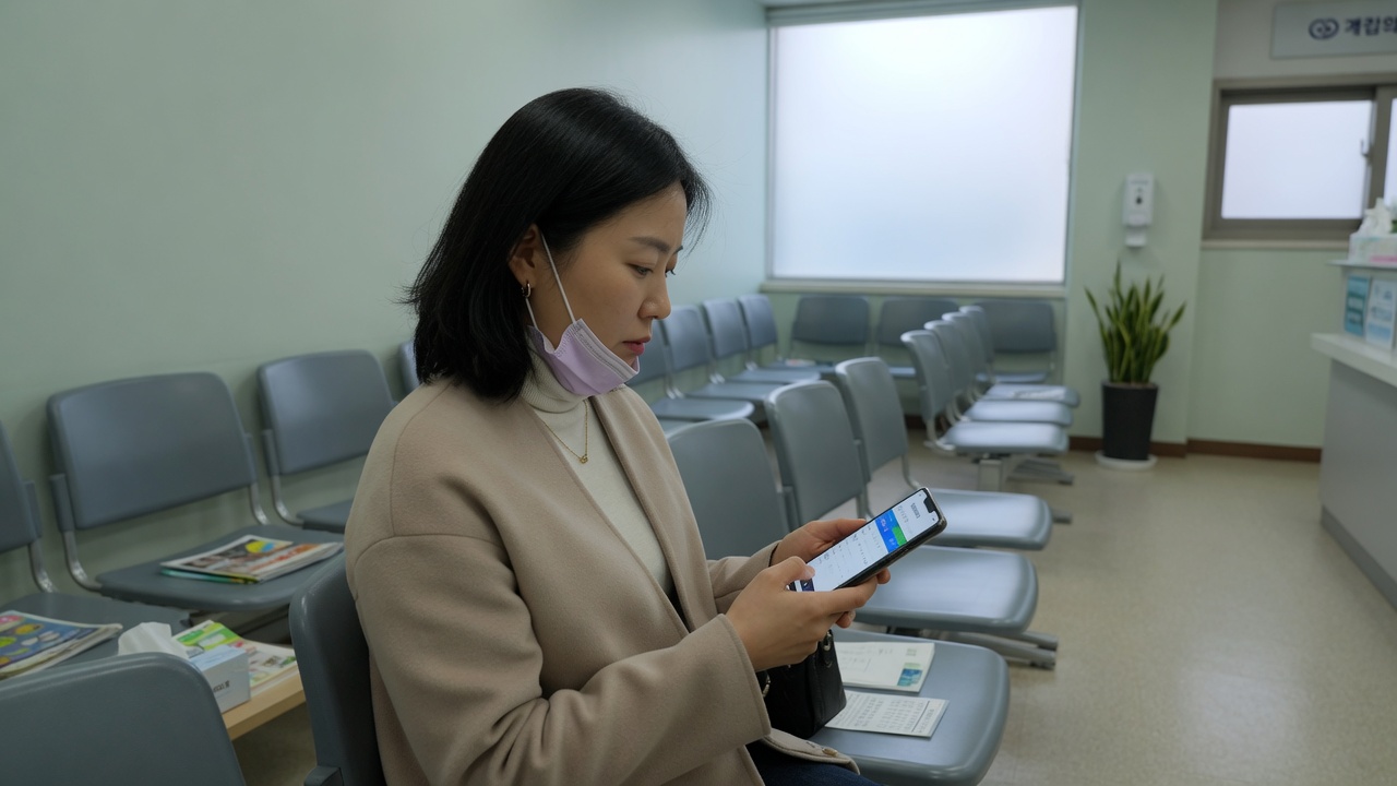 어린이와 보호자가 병의원 접수처에 있는 장면