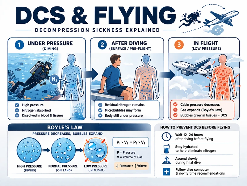 다이빙 후 비행 시 감압병 위험과 보일의 법칙을 잠수, 잔류 질소, 기내 저압 환경의 기포 팽창 과정으로 설명한 인포그래픽