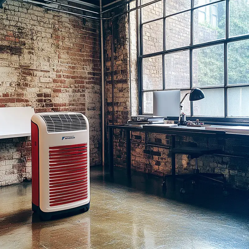 활기찬 홈 오피스 환경에서 세련된 이동식 에어컨이 쾌적한 작업 공간을 조성하며, 노출 벽돌과 산업 조명으로 한층 강조됩니다.