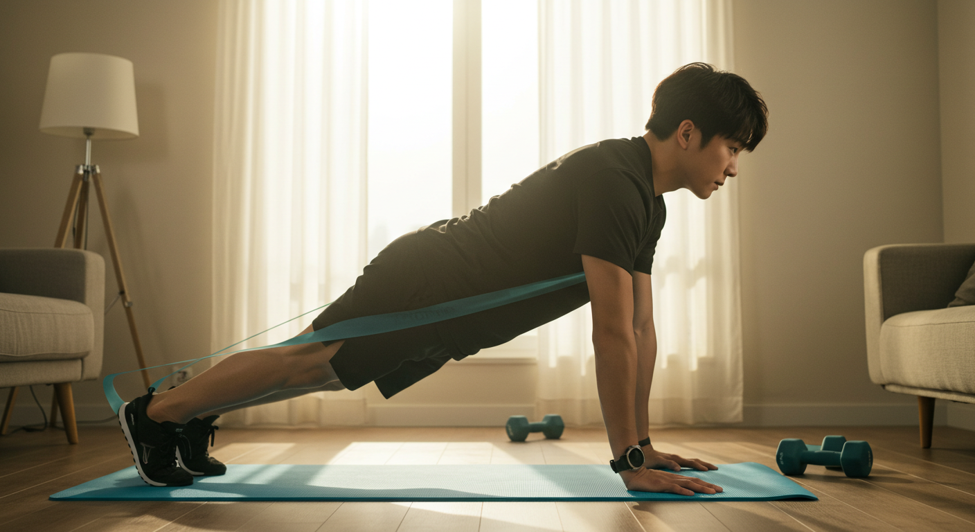 "아침 HIIT 운동 - 최소한의 장비로 홈트레이닝을 하는 한국인의 모습"