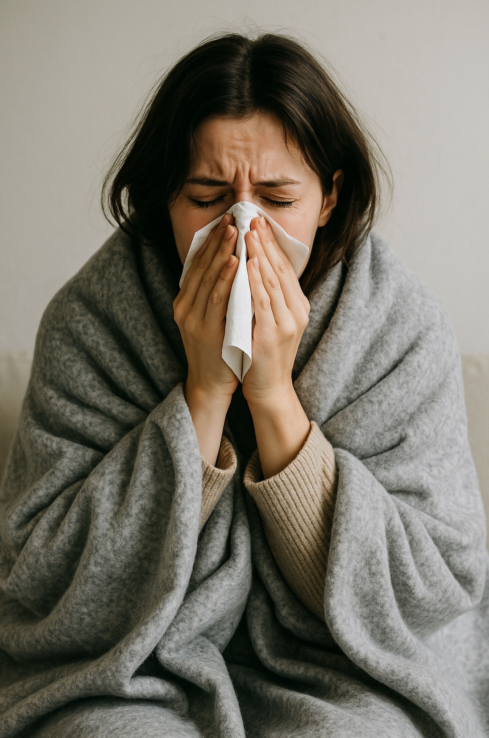 감기에 걸려 코를 풀며 어깨에는 담요를 두르고 있는 모습의 이미지