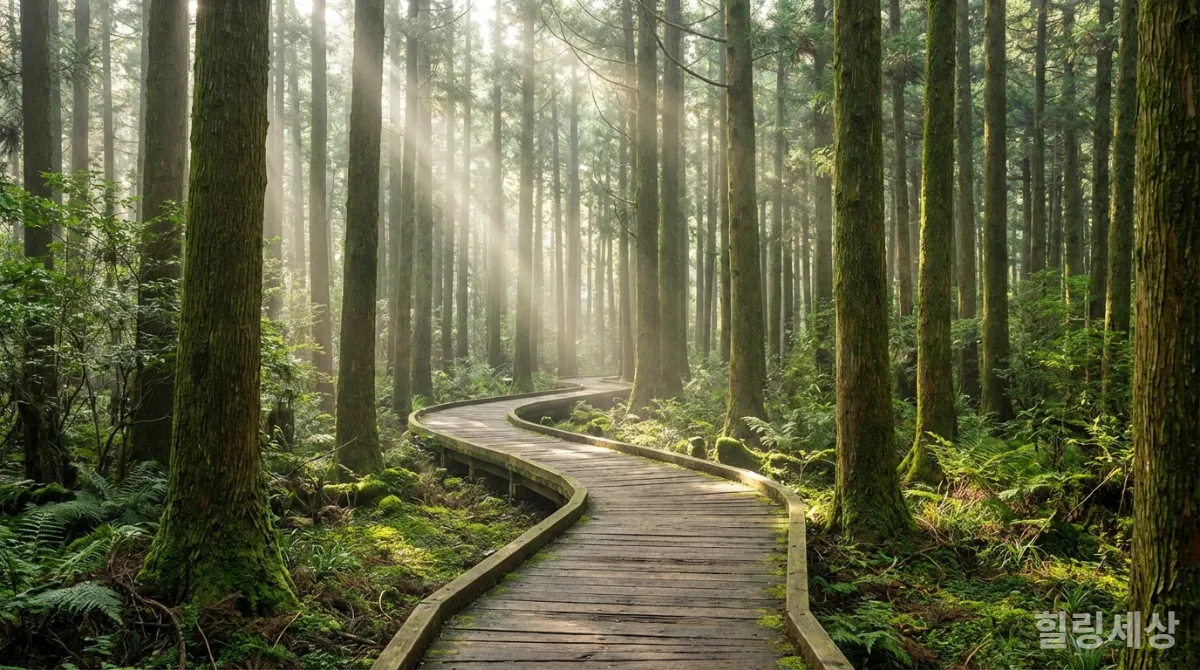 제주 서귀포 치유의 숲의 편백나무 숲길