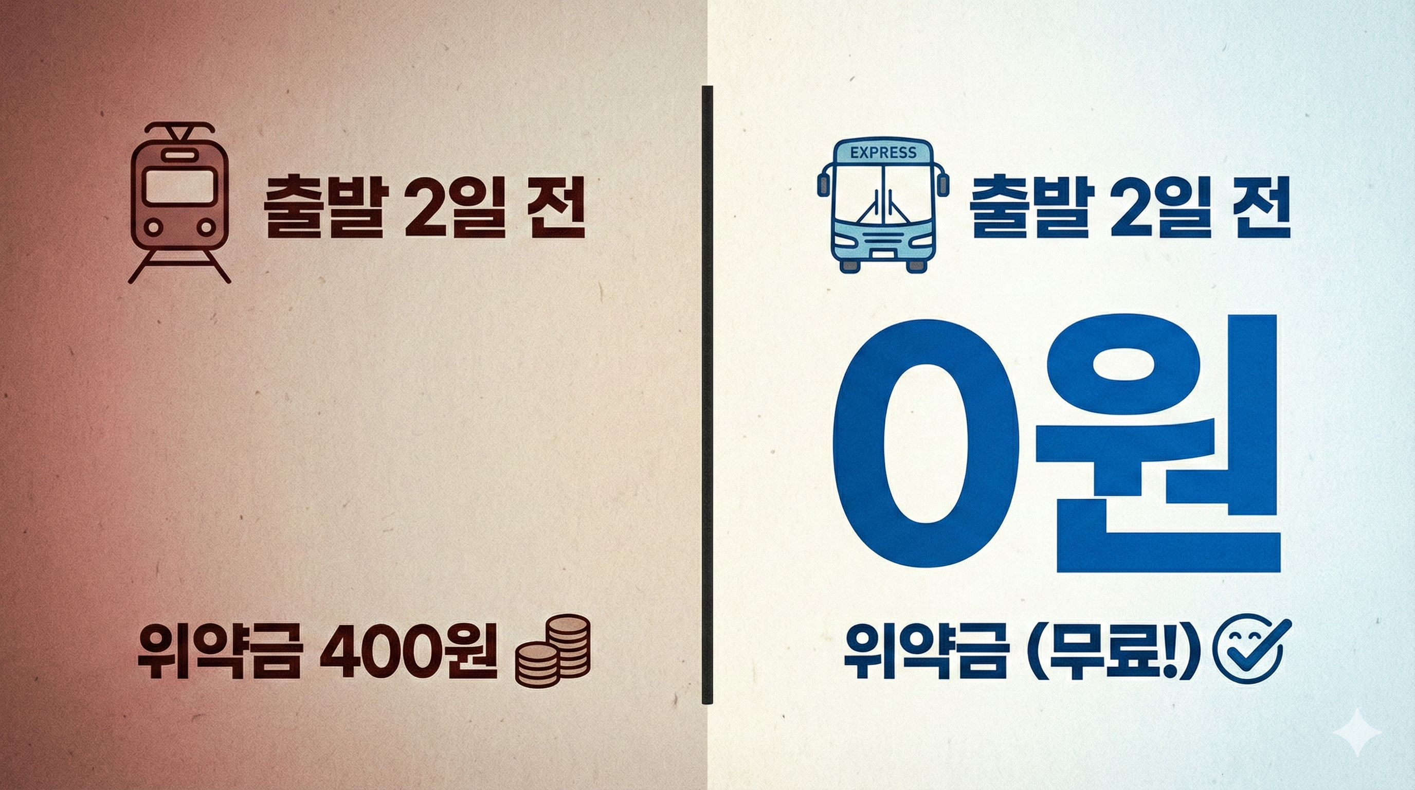 출발 2일 전 기준 기차 위약금 400원과 고속버스 위약금 0원을 시각적으로 비교한 인포그래픽입니다.