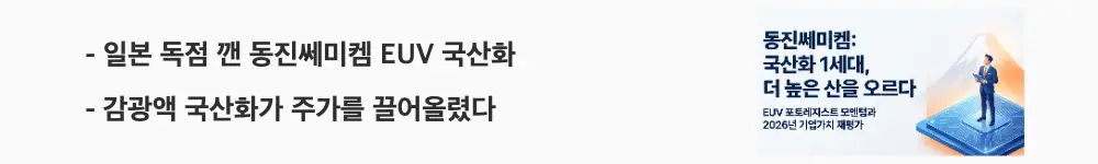 동진쎄미켐 주가 전망: ’일본 독점 깬 동진쎄미켐 EUV 국산화’라는 문구가 포함된 웹배너 이미지. 이 이미지는 일본이 독점하던 EUV 포토레지스트를 동진쎄미켐이 국산화한 핵심 모멘텀을 시각적으로 전달하며, 블로그의 동진쎄미켐 EUV 포토레지스트 국산화 분석과 관련된 내용을 설명함