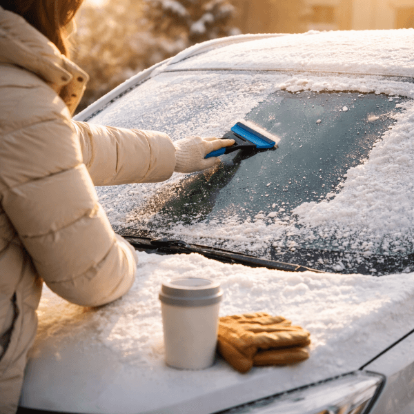 겨울 아침 차 밖에서 앞유리 성에를 제거하는 모습으로 앞유리 성에를 급하게 제거하면 오히려 위험해지는 이유를 보여주는 장면
