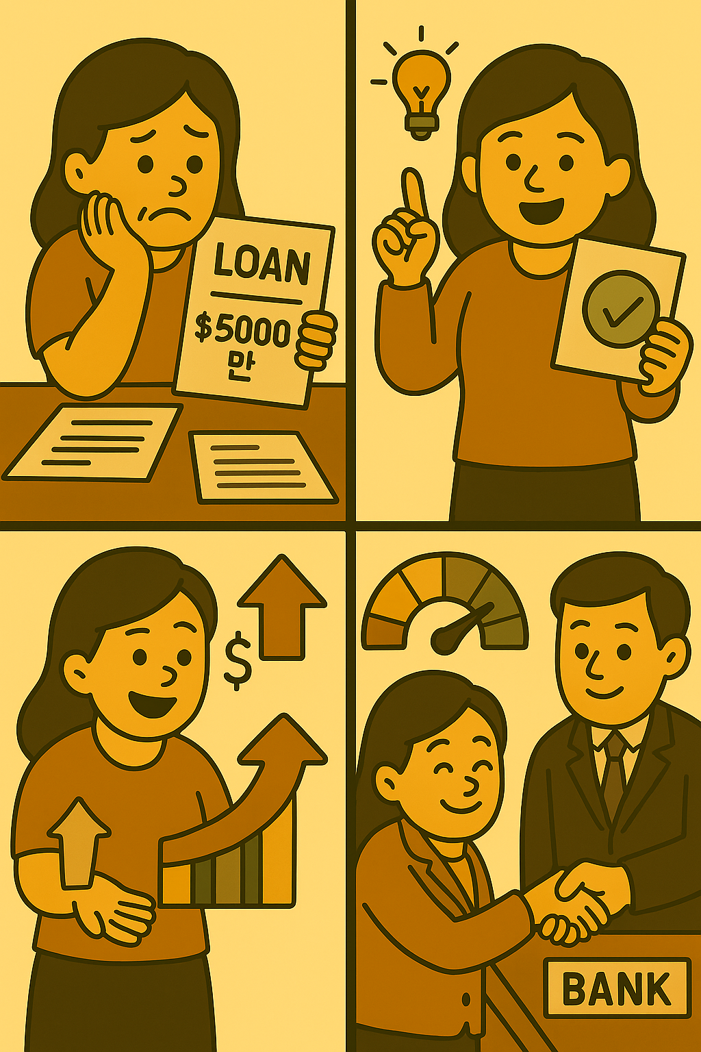 1컷: 걱정스러운 표정의 여성이 "LOAN $5000만"이라고 적힌 종이를 들고 서류를 바라보고 있다.
2컷: 아이디어를 떠올린 듯 환하게 웃으며 한 손으로 전구를 가리키고, 다른 손에는 체크 표시가 있는 종이를 든 여성.
3컷: 미소를 지으며 성장 그래프와 상승 화살표, 달러 기호를 가리키는 여성.
4컷: 신용 등급 상승을 나타내는 게이지 옆에서 은행원과 악수하며 만족스러운 표정을 짓는 여성.