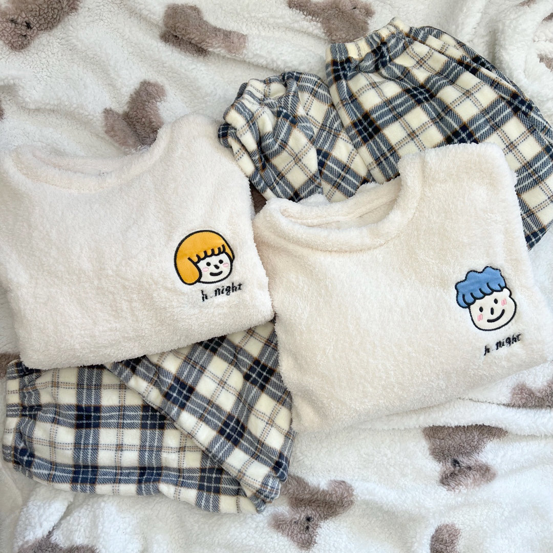 허니나이트 큐티커플 양털 체크 바지 빅사이즈 수면 잠옷 세트