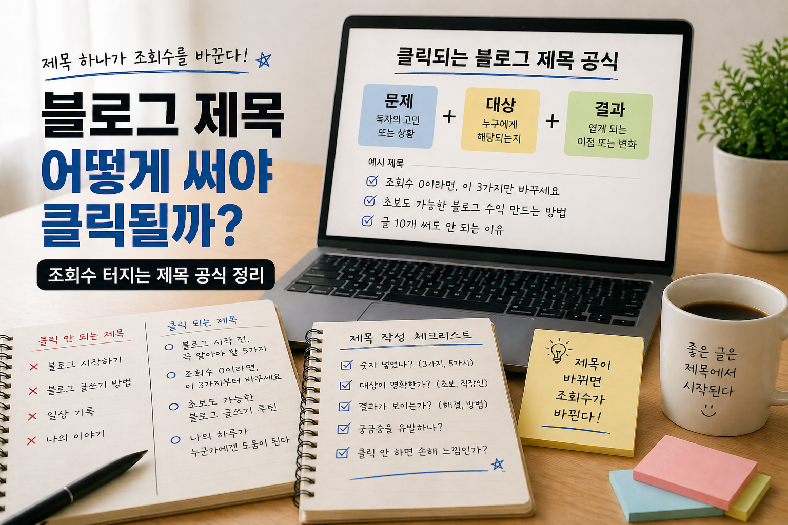 클릭되는 블로그 제목 작성법을 설명하는 감성형 콘텐츠 이미지. 노트북 화면의 제목 공식과 메모장, 체크리스트, 커피잔이 놓인 책상 위에서 조회수를 높이는 블로그 제목 전략을 소개하고 있다.