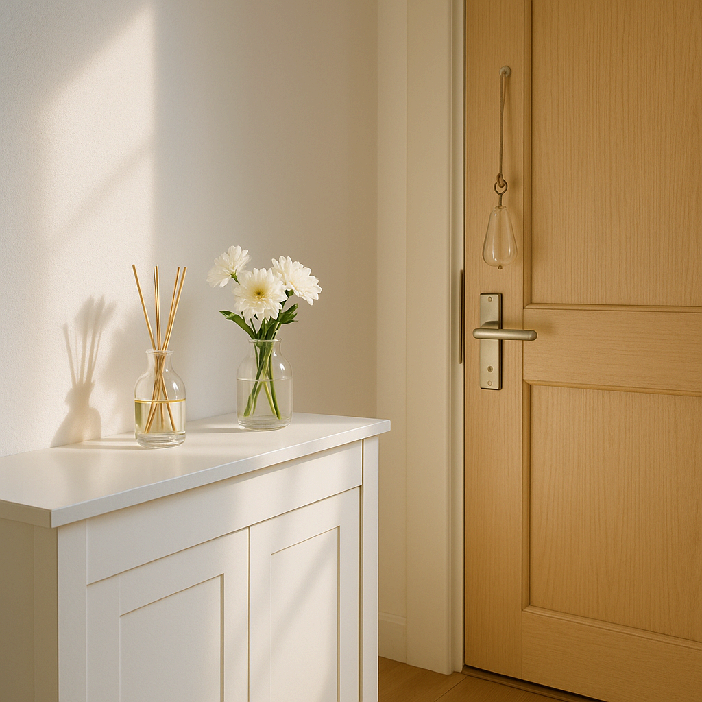현관 콘솔 위에 놓인 유리병 디퓨저와 흰색 꽃이 어우러진 밝은 인테리어