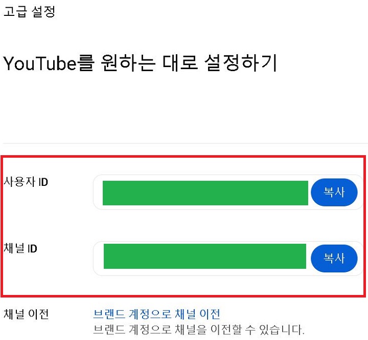 사용자 ID와 채널 ID 보임