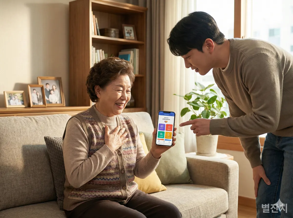 스마트폰 보안 앱을 보며 안심하는 할머니와 이를 설명해주는 손자의 따뜻한 모습