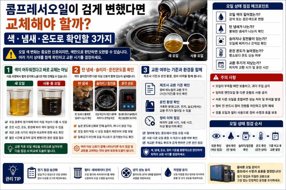 콤프레서오일이 검게 변했다면 교체해야 할까? 색&middot;냄새&middot;온도로 확인할 3가지