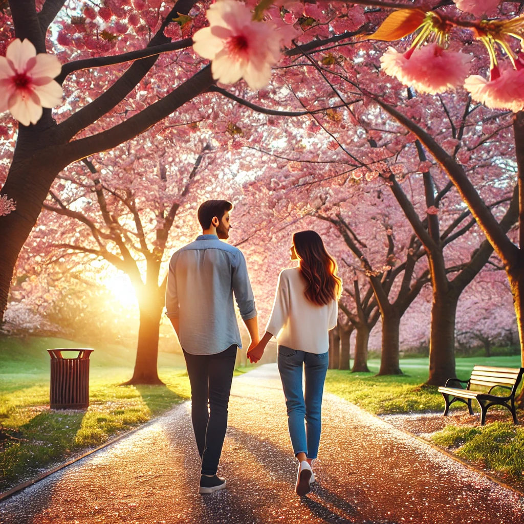 벛꽃이 흩날리는 거리를 걷는 연인 이미지