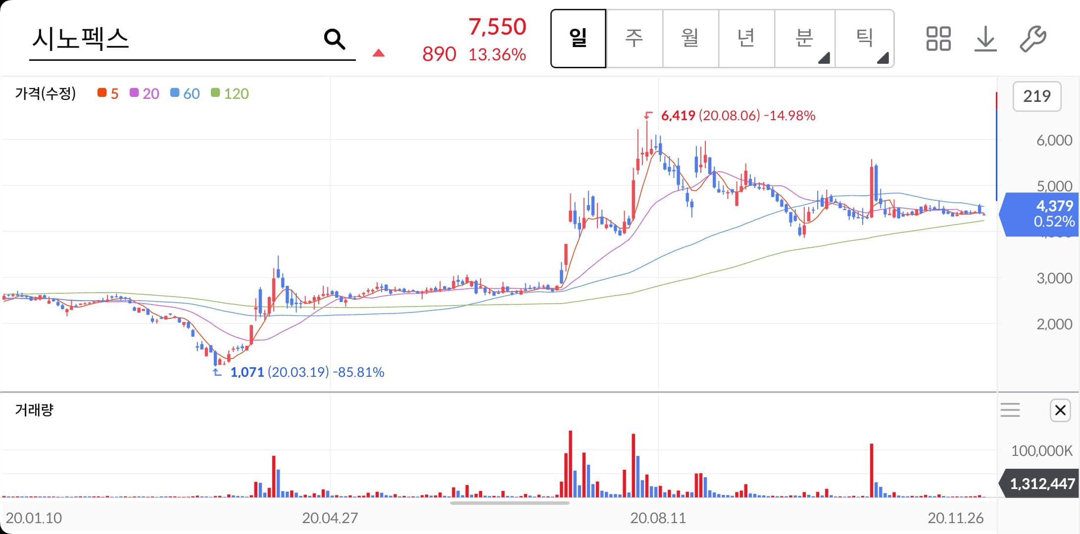 시노펙스-주가차트