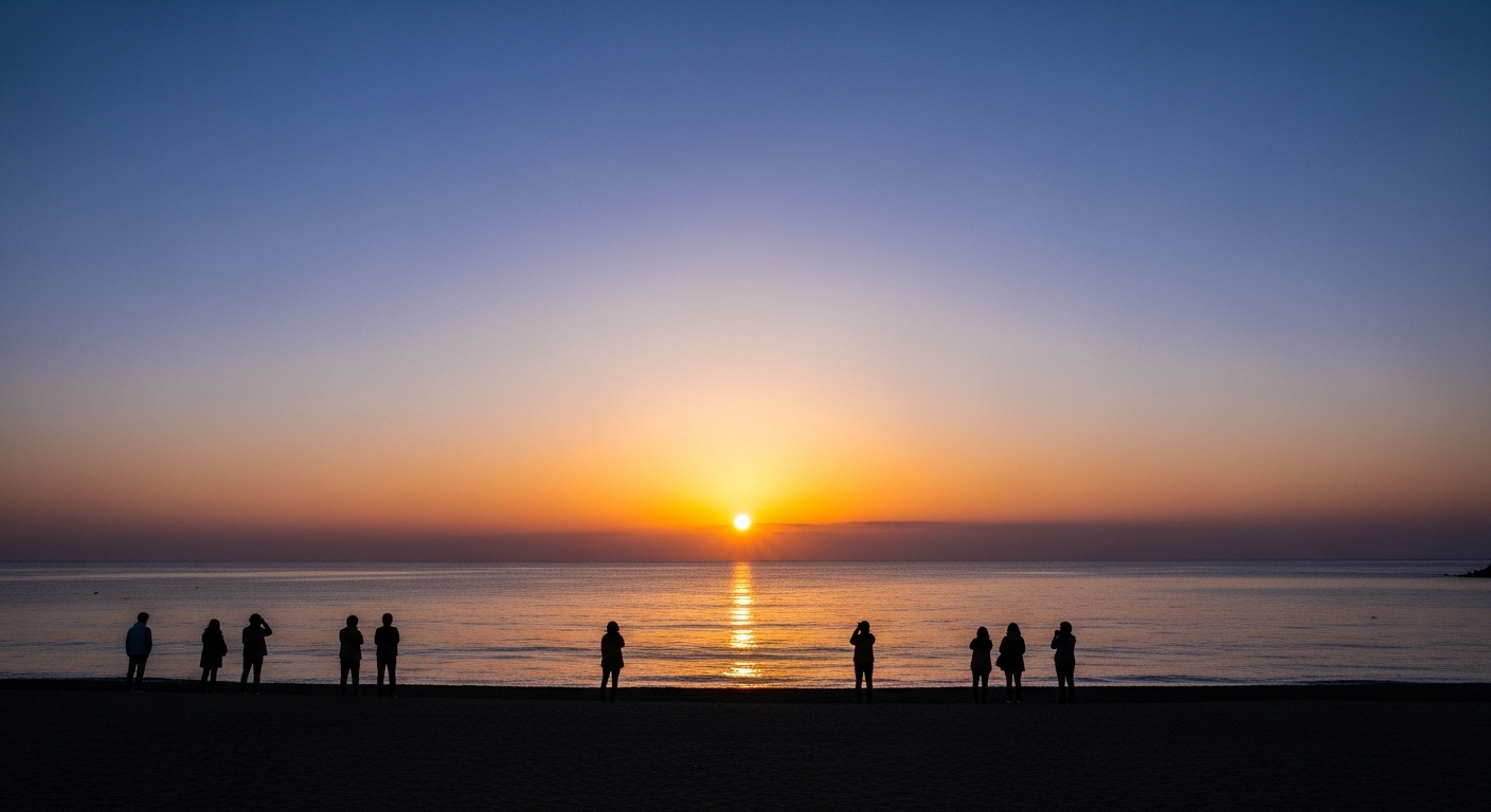 2026년 새해 첫 일출을 보기 위해 모인 사람들이 황금빛으로 물든 동해 바다를 바라보는 평화로운 풍경.