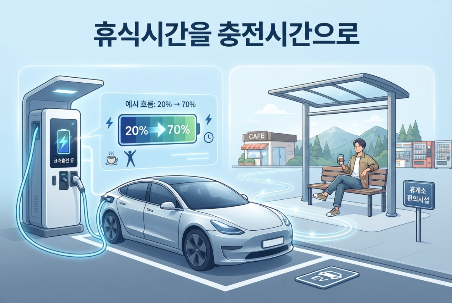 고속도로 휴게소에서 전기차 급속충전으로 장거리 주행거리를 확보하는 모습