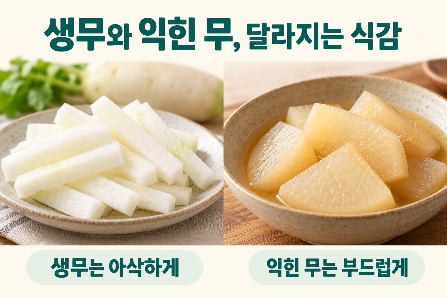 생무 막대 조각과 익힌 무 조각을 나란히 놓고 식감 차이를 표시한 비교
