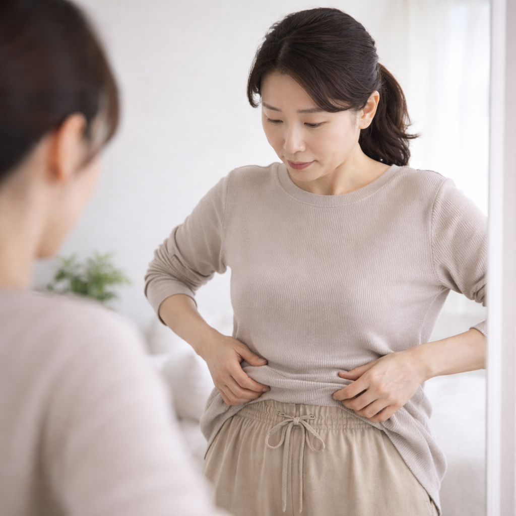 쿠싱증후군에서 흔한 몸통 중심 체중 변화를 확인하는 모습