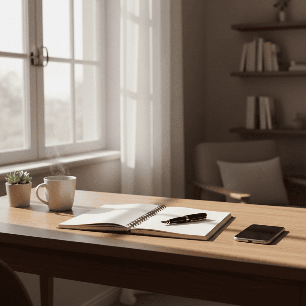 아침 햇살이 들어오는 창가 책상 위에 정리된 노트와 펜이 놓인 집중 준비 공간