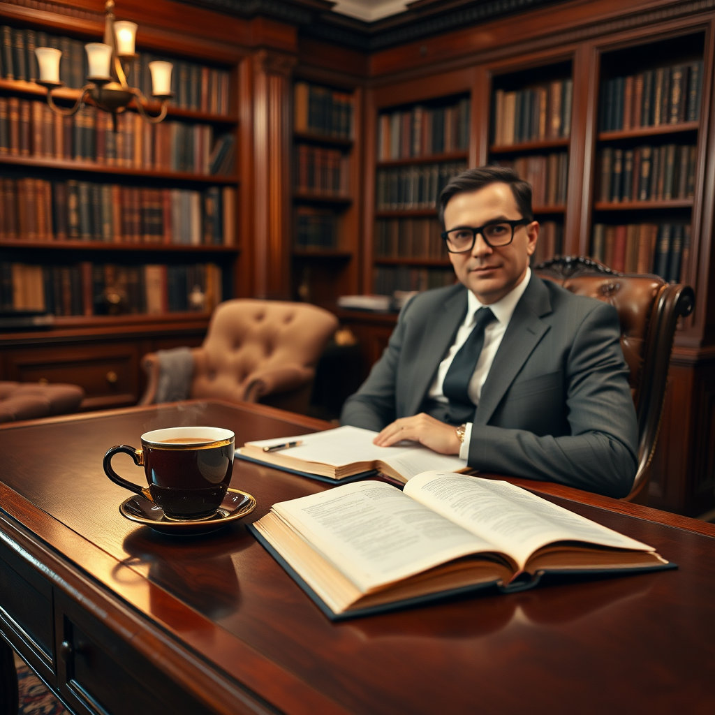 고급스러운 서재에서 클래식 책상 위에 노트와 커피잔 , 그 옆에 열린 책, 책을 보고있는 고급스러운 분위기의 안경 쓴 사람