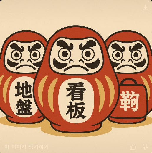 다루마인형의 지반, 간판, 가방(한자틀림)