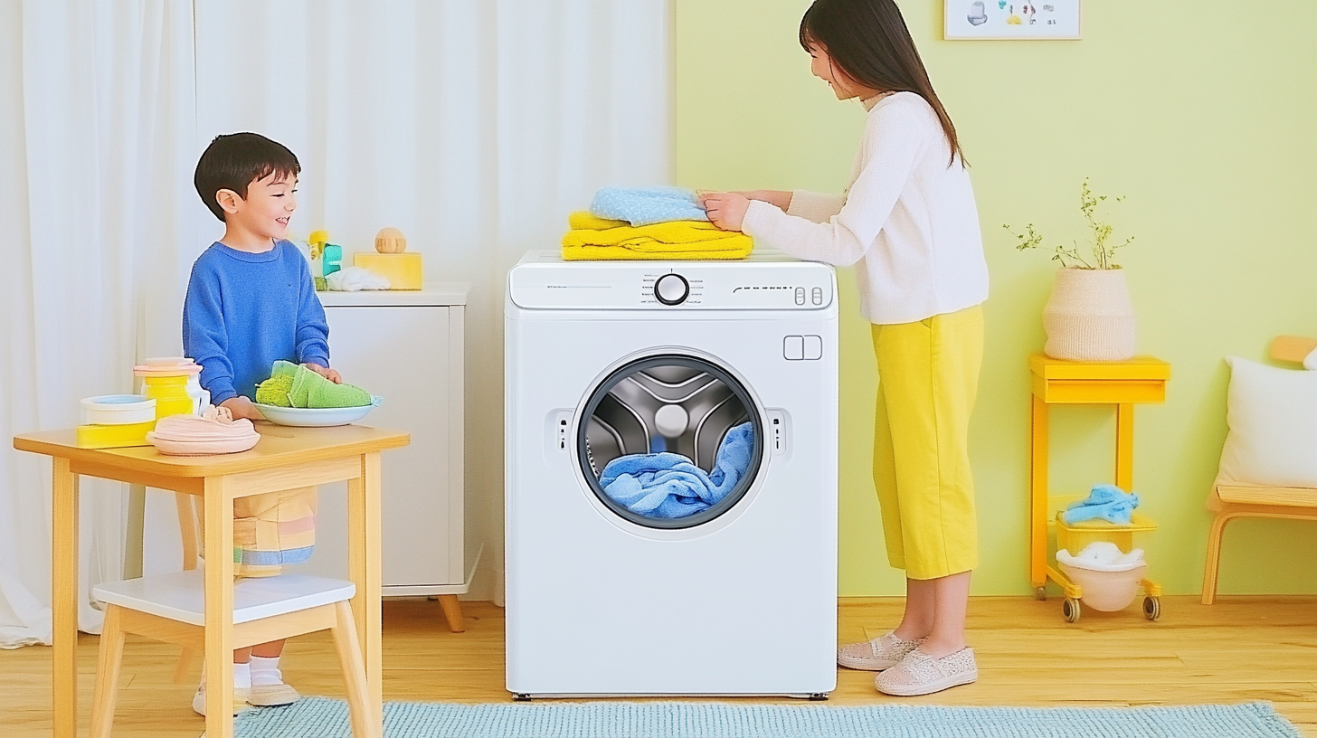 삼성 WF2522HDKKP 세탁기를 사용하는 바쁜 가족, 대용량 및 시간 절약 기능을 강조