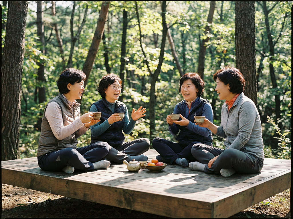 숲속 통나무 데크 위에서 한국의 50~60대 중년 여성들이 모여 앉아 따뜻한 차를 마시며 웃으며 대화하는 정겨운 모습