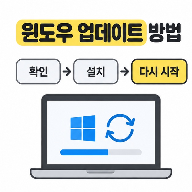 윈도우 업데이트 방법 제목 아래 확인, 설치, 다시 시작 순서와 업데이트 진행 막대가 있는 노트북 화면