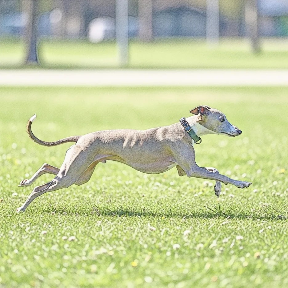 넓은 공원을 활기차게 달리는 이탈리안 그레이하운드