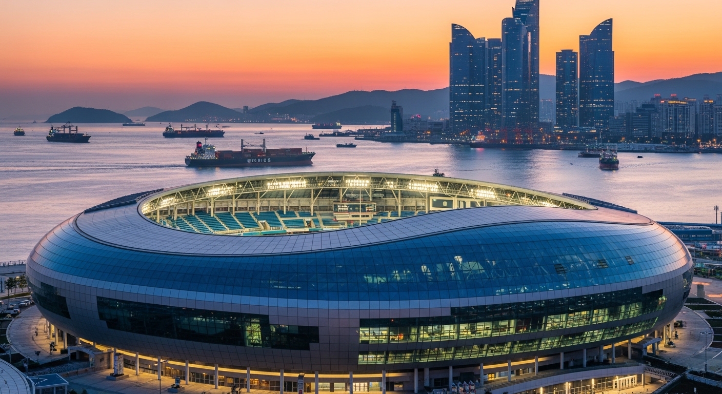 돔구장이 바닷가옆에 있고 뒤에는 배와 야경이 멋진 아파트들이 있다
