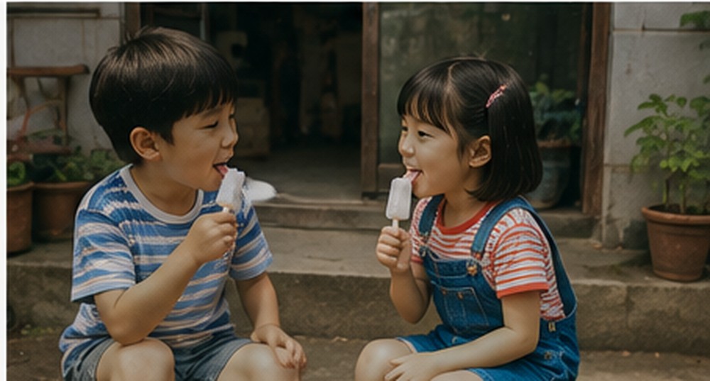 두 아이가 나란히 앉아 얼음과자를 먹으며 웃고 있는 모습