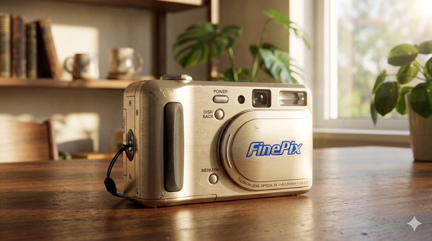 나무 테이블 위에 놓인 샴페인 골드 컬러의 후지필름 파인픽스 F31fd 빈티지 디지털 카메라와 FinePix 로고가 강조된 고화질 사진.