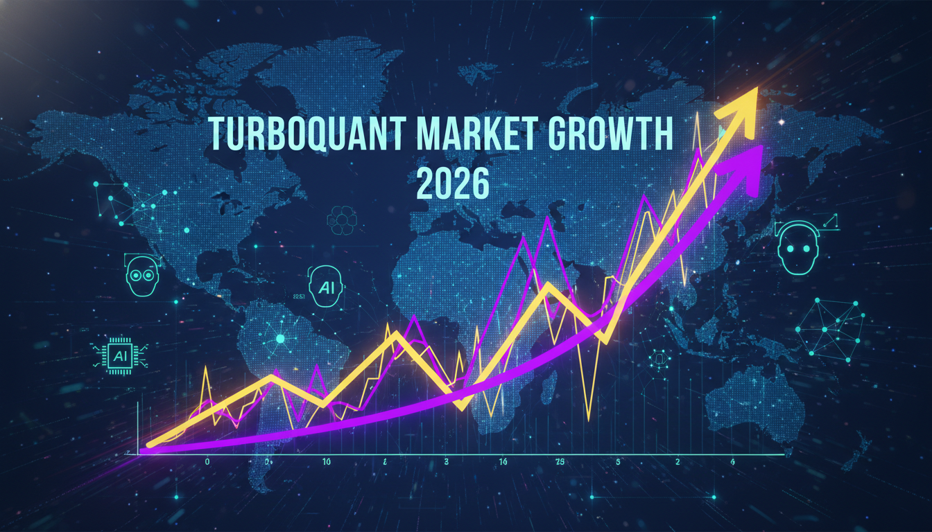 2026년 터보퀀트 시장의 급격한 성장을 보여주는 이미지. 보라색과 노란색 빛의 상승하는 주식 차트와 글로벌 금융 네트워크가 폭발적인 시장 확대를 시각화합니다.