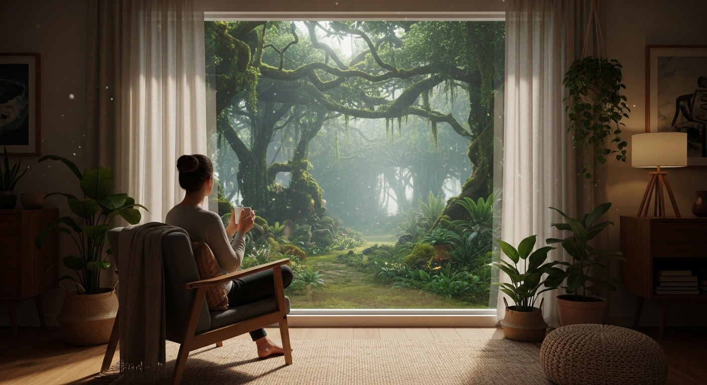 평온한 마음의 숲을 바라보며 건강한 차 한 잔으로 위장 시스템을 관리하는 모습