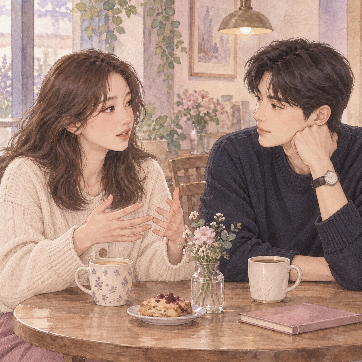 서연의 속상한 이야기를 집중해서 듣는 민준의 일러스트