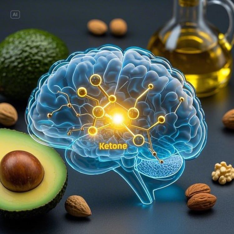 투명한 뇌 모델 안에서 빛나는 케톤체 분자들이 신경세포를 따라 흐르는 모습. 배경에는 건강한 지방 음식들(아보카도, 견과류, 올리브오일)이 배치되어 있고, 전체적으로 파란색과 금색 톤으로 과학적이면서도 희망적인 느낌을 연출.