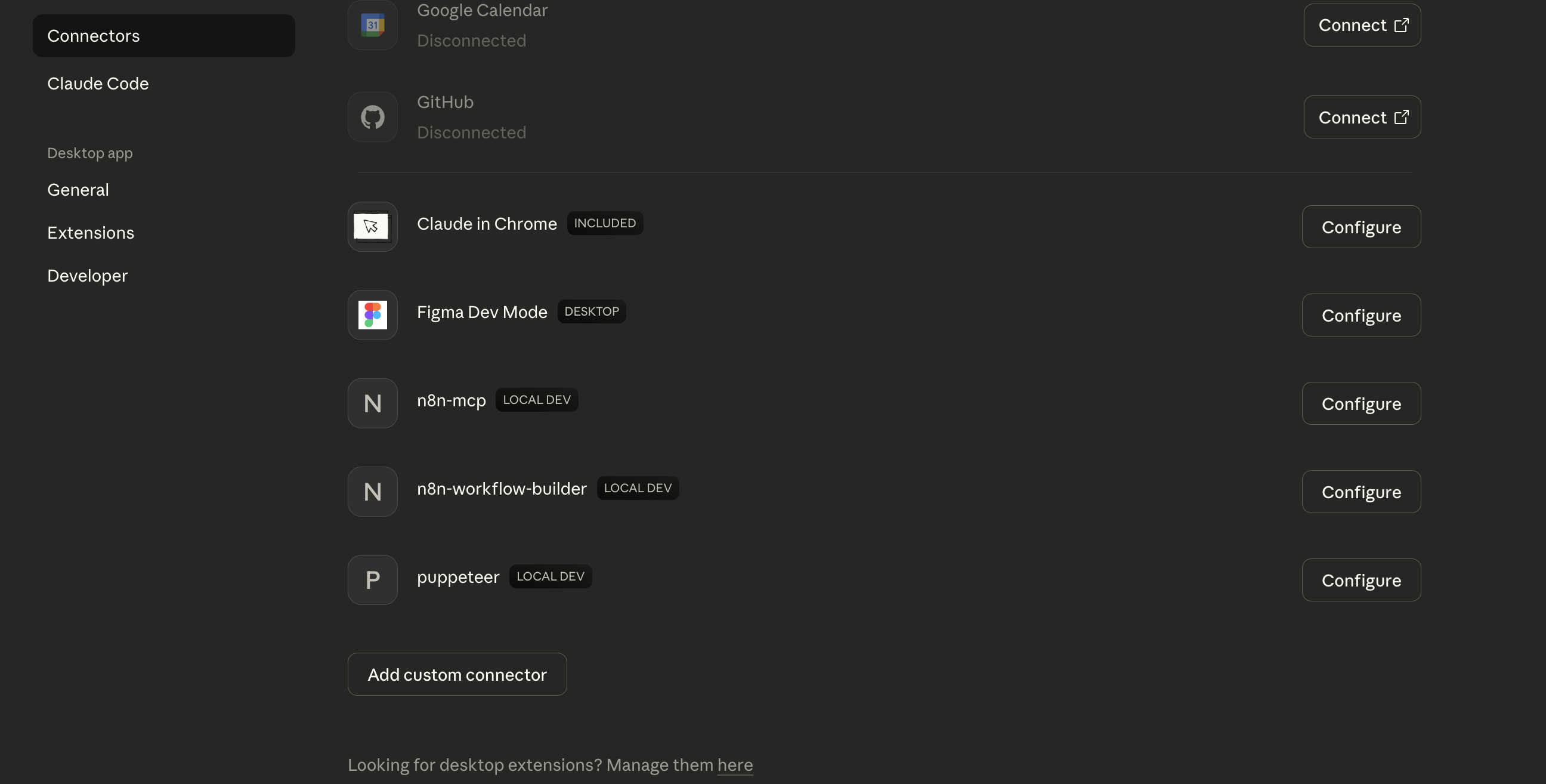 Claude Desktop에서 'n8n-mcp'와 'mcp-workflow-builer' MCP클라이언트의 연결이 성공하였습니다