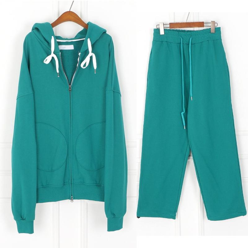 NOB 청록색 무지 순면 후드 트레이닝 집업 세트