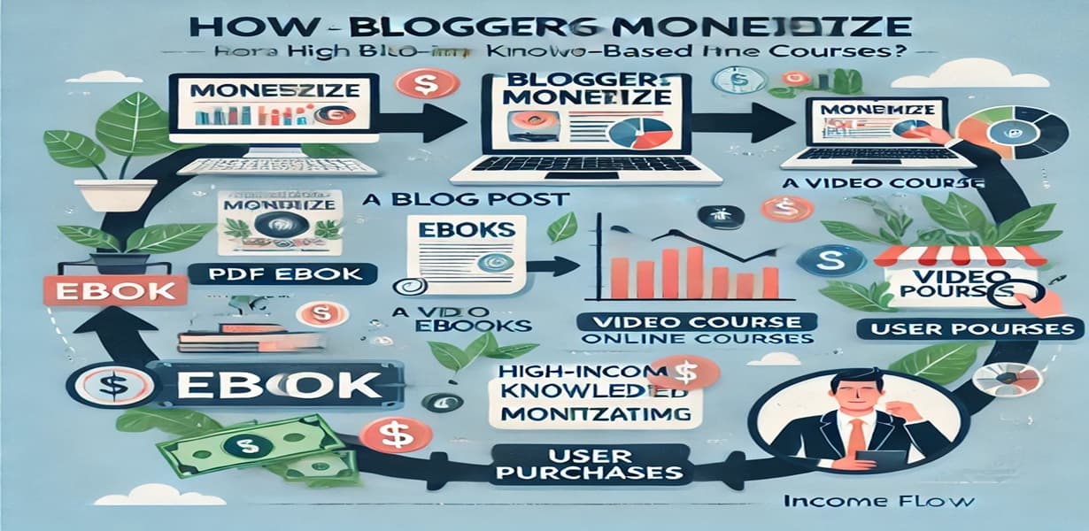 블로그에서 전자책과 온라인 강의로 수익화하는 과정을 순서도 형식으로 보여주는 인포그래픽