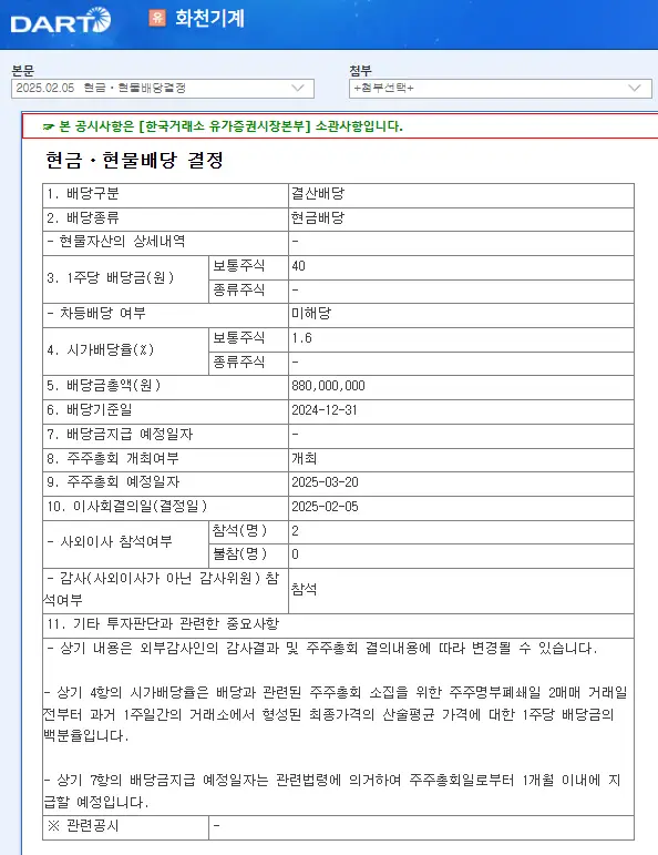 화천기계(010660) 2025년 배당금