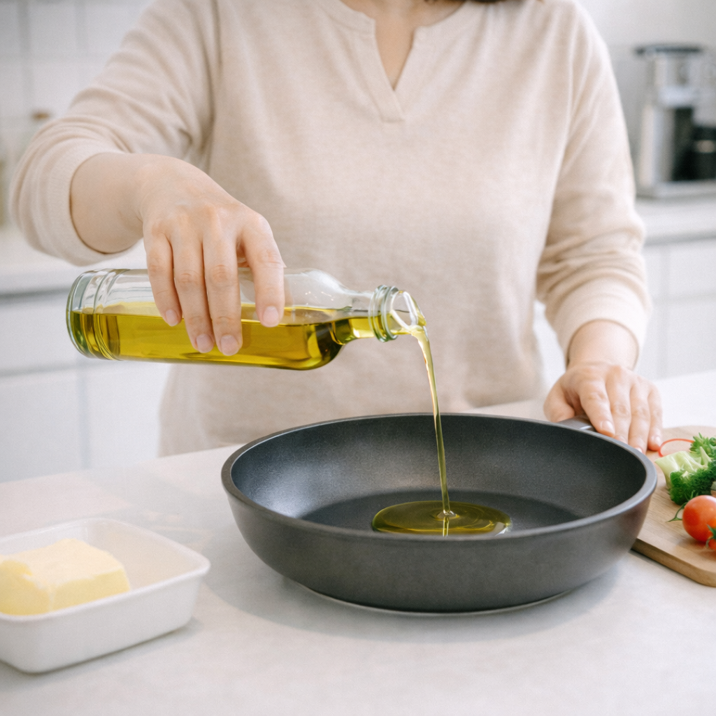 포화지방 대신 올리브유로 바꾸는 식단 선택 장면