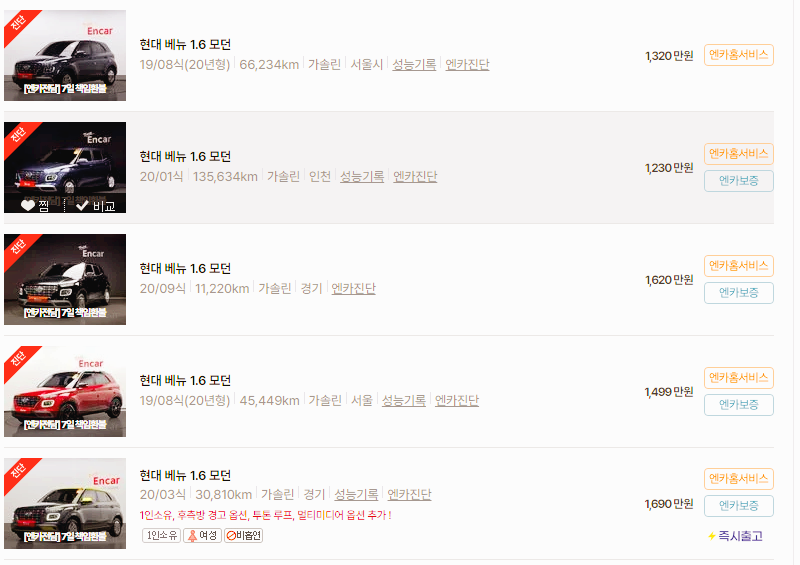 현대 베뉴 중고차 가격 시세표 24년10월